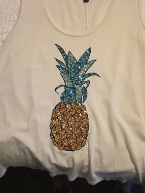 Express Cream Tank with Gold and Teal Sequin Pineapple Motif